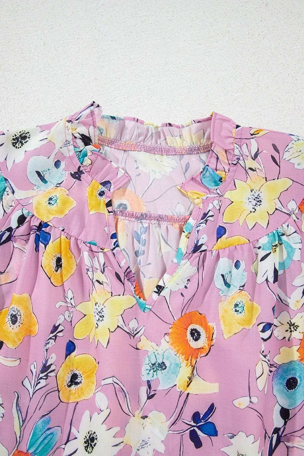 Printed Notched Double Layered Ruffle Sleeve Blouse - Trendsi - Flyclothing LLC