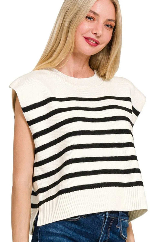 Zenana Oversized Crew Neck Stripe Sweater Vest - Trendsi - Flyclothing LLC