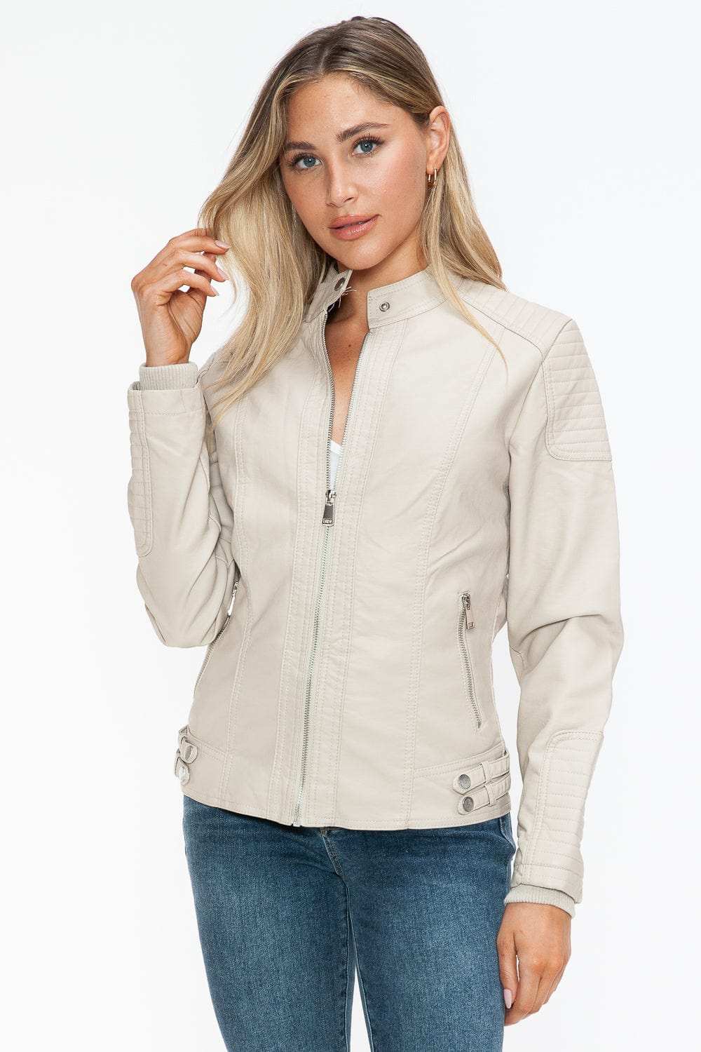 Snobbish Faux Leather Biker Jacket with Side Zip Pockets - Trendsi - Flyclothing LLC