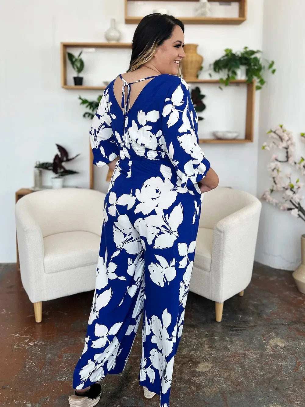 Double Take Full Size Printed Tie Back Wide Leg Jumpsuit - Trendsi - Flyclothing LLC