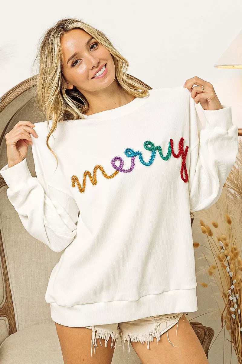BiBi Merry Tinsel Lettering Drop Shoulder Sweatshirt - Trendsi - Flyclothing LLC