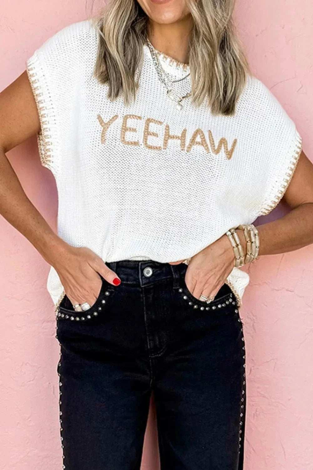 YEEHAW Stitch Edge Crew Neck Knit Top - Trendsi - Flyclothing LLC
