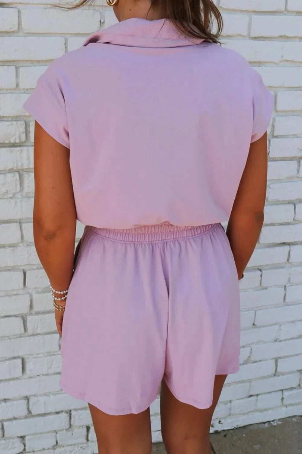 Short Sleeve Zipper Collared Elastic High Waist Romper - Trendsi - Flyclothing LLC