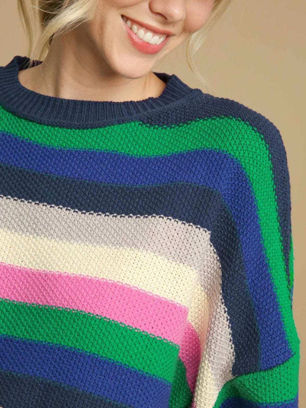 Contrast Striped Round Neck Long Sleeve Sweater - Trendsi - Flyclothing LLC