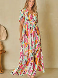 Slit Printed Surplice Short Sleeve Maxi Dress - Trendsi - Flyclothing LLC