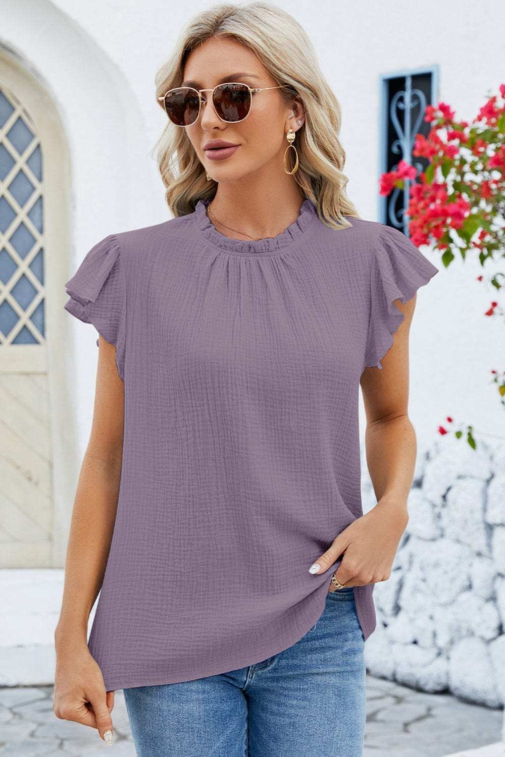 Ruffled Round Neck Cap Sleeve Blouse - Trendsi - Flyclothing LLC
