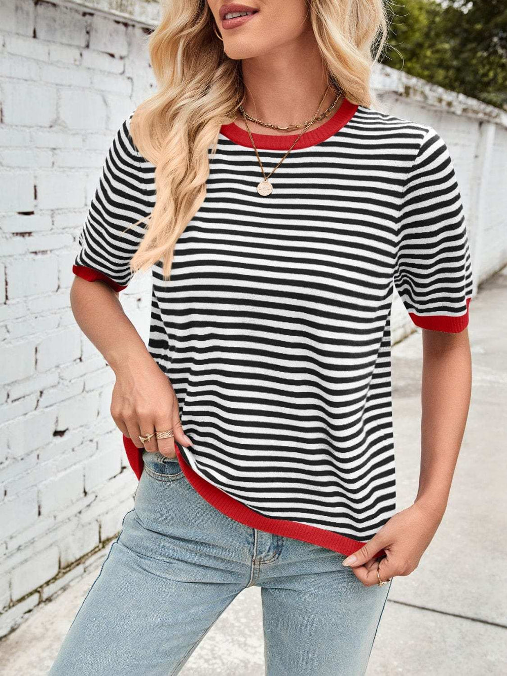 Lovelet Striped Contrast Round Neck Half Sleeve Knit Top - Trendsi - Flyclothing LLC