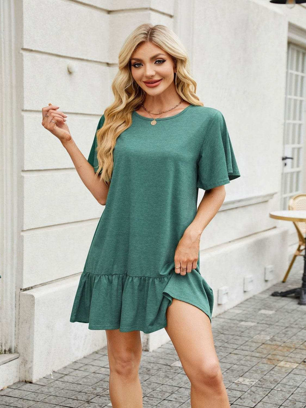 Round Neck Short Sleeve Mini Dress - Trendsi - Flyclothing LLC