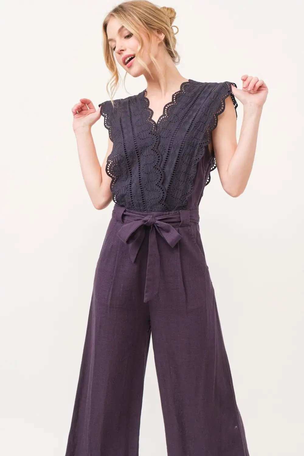 And The Why Laced Surplice Tie Waist Jumpsuit - Trendsi - Flyclothing LLC