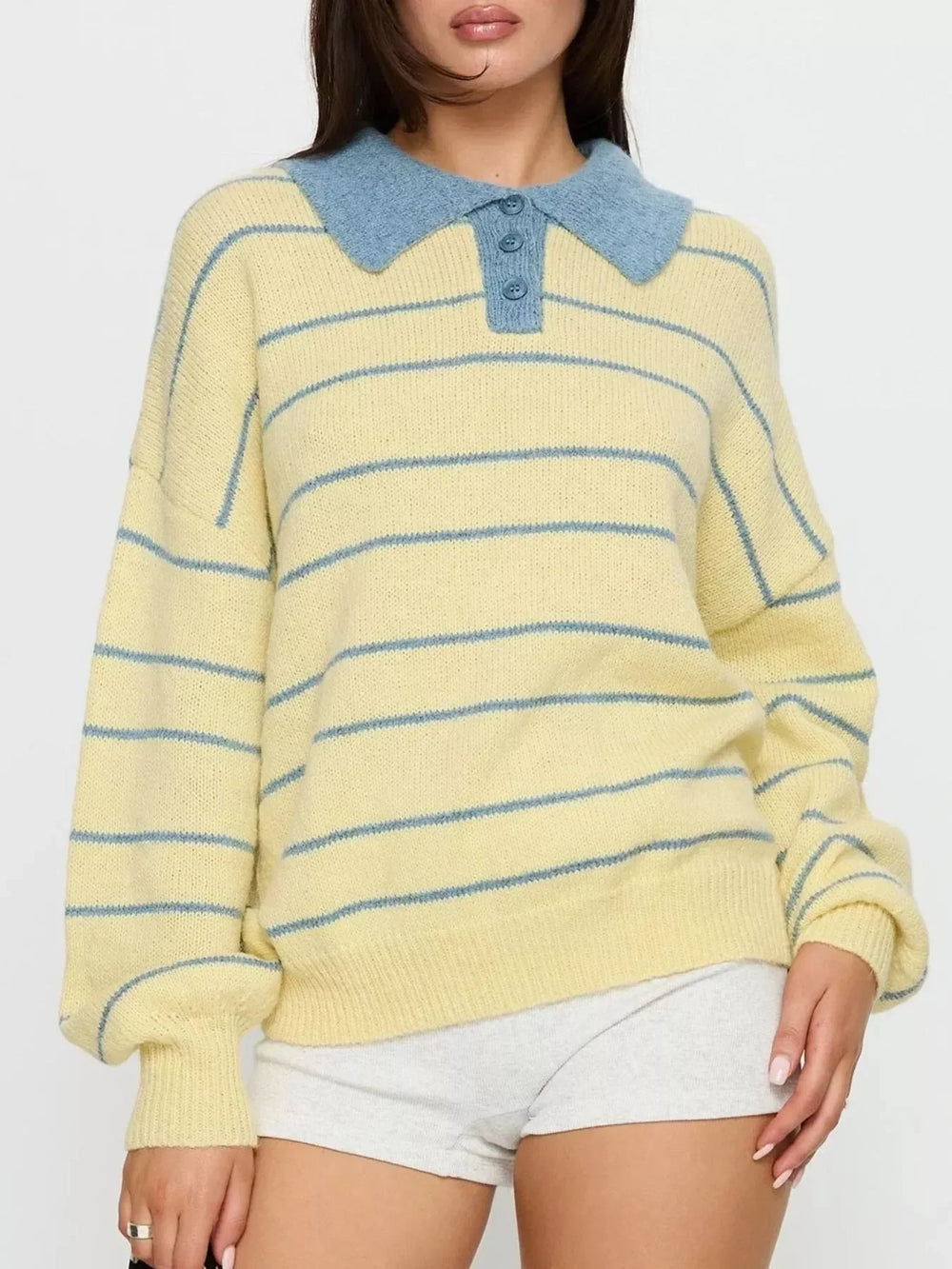Striped Polo Collar Long Sleeve Sweater - Trendsi - Flyclothing LLC