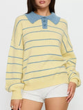 Striped Polo Collar Long Sleeve Sweater - Trendsi - Flyclothing LLC