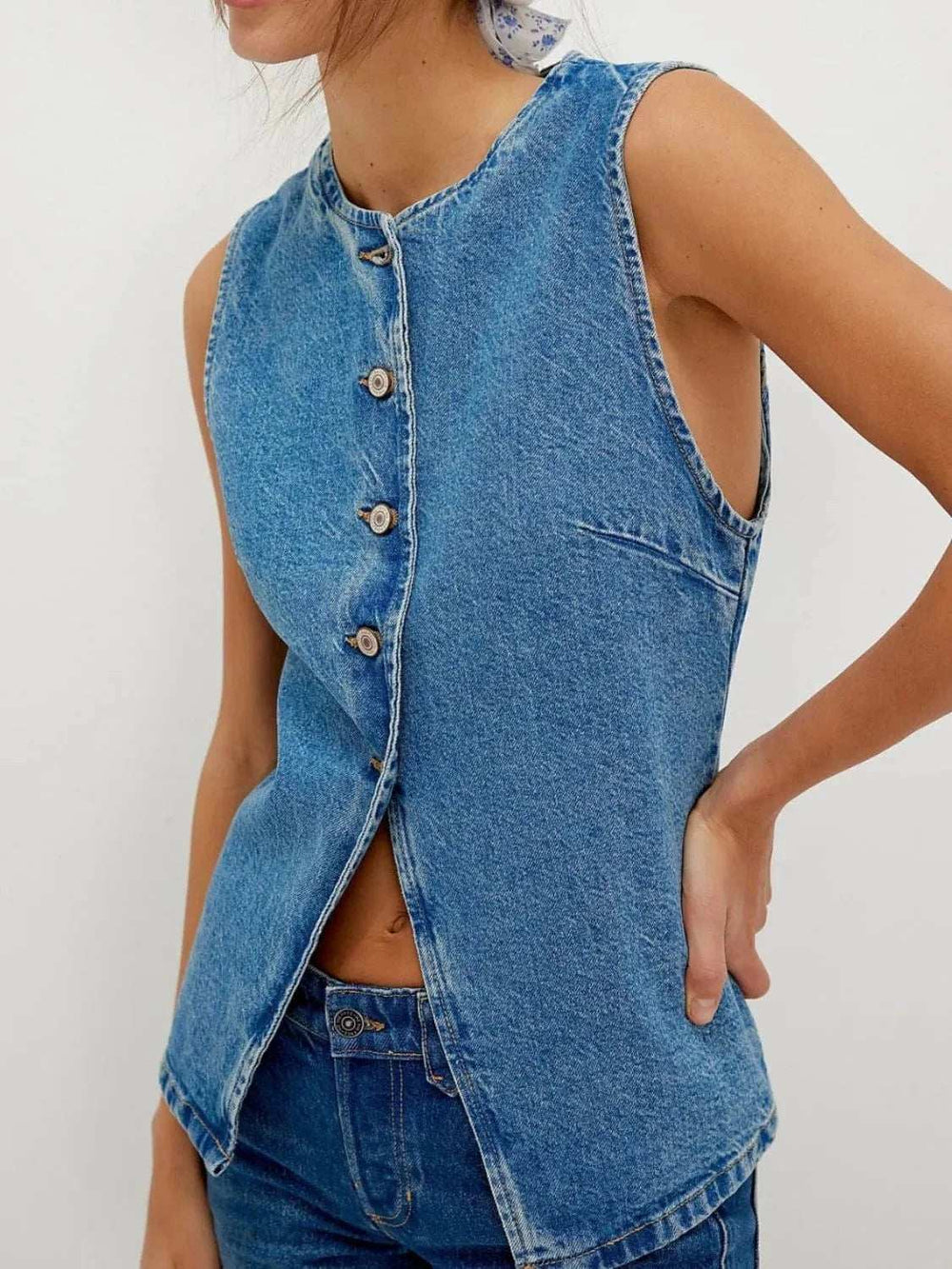 Button Down Round Neck Denim Vest - Trendsi - Flyclothing LLC