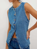 Button Down Round Neck Denim Vest - Trendsi - Flyclothing LLC
