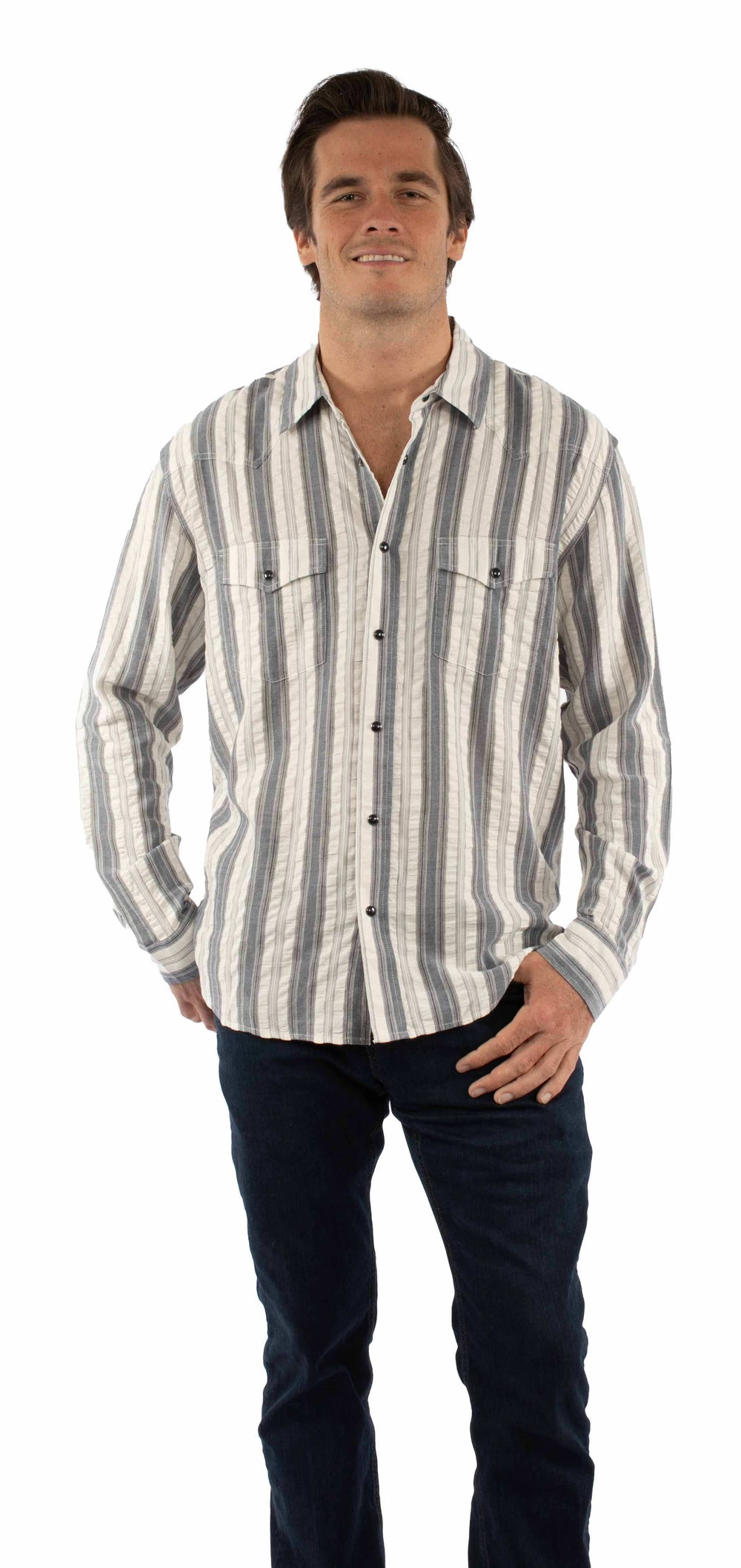 farthest point blue 100% cotton l/s shirt western yokes/snaps - Scully Leather - Flyclothing LLC