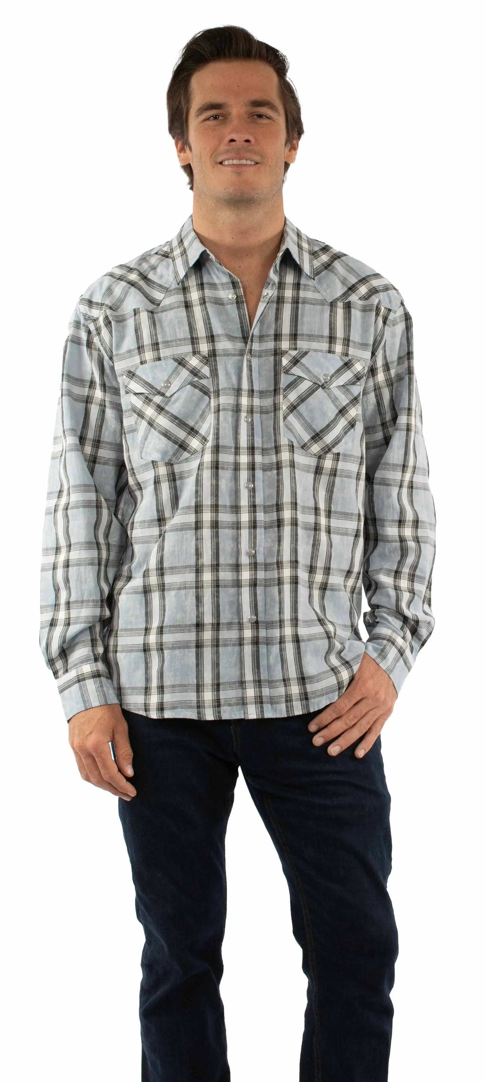 farthest point grey 100% cotton l/s plaid shirt w/western yokes/snap - Scully Leather - Flyclothing LLC