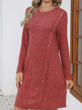 Decorative Button Round Neck Long Sleeve Dress - Trendsi - Flyclothing LLC