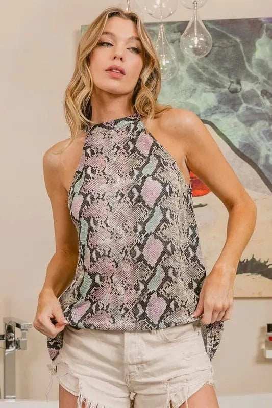 BiBi Snakeskin Print Low Gauge Knit Halter Neck Top - Trendsi - Flyclothing LLC