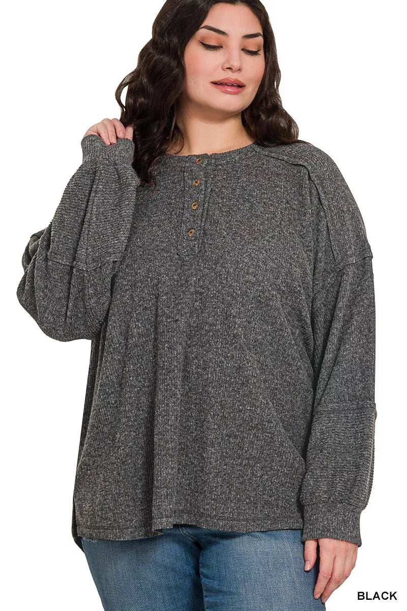 Zenana Full Size Ribbed Brushed Hacci Melange Henley Sweater Plus Size - Trendsi - Flyclothing LLC