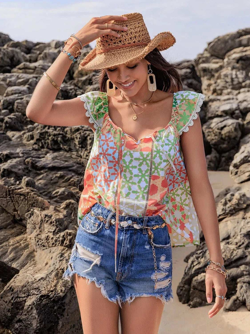 Lace Detail Printed Tie Neck Cap Sleeve Blouse - Trendsi - Flyclothing LLC