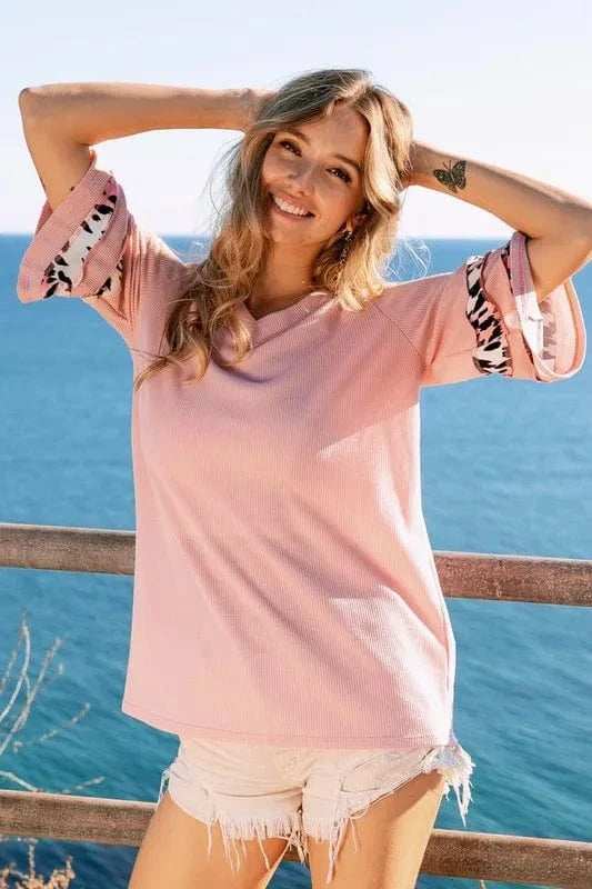 BiBi Leopard Print Contrast Tiered Sleeves Thermal Top - Trendsi - Flyclothing LLC