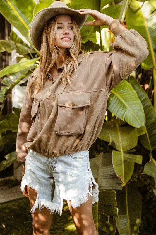 BiBi Half Zip Vintage Washed Fleece Pullover - Trendsi - Flyclothing LLC