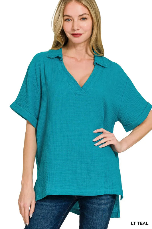 Zenana Double Gauze Short Sleeve High-Low Top - Trendsi - Flyclothing LLC
