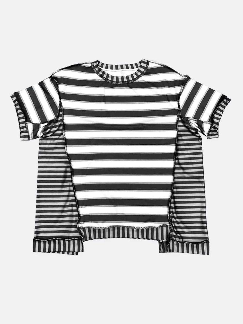 Full Size Contrast Stitching Striped Round Neck T-Shirt - Trendsi - Flyclothing LLC