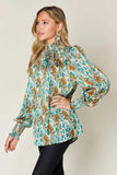Double Take Full Size Printed Smocked Long Sleeve Blouse - Trendsi - Flyclothing LLC