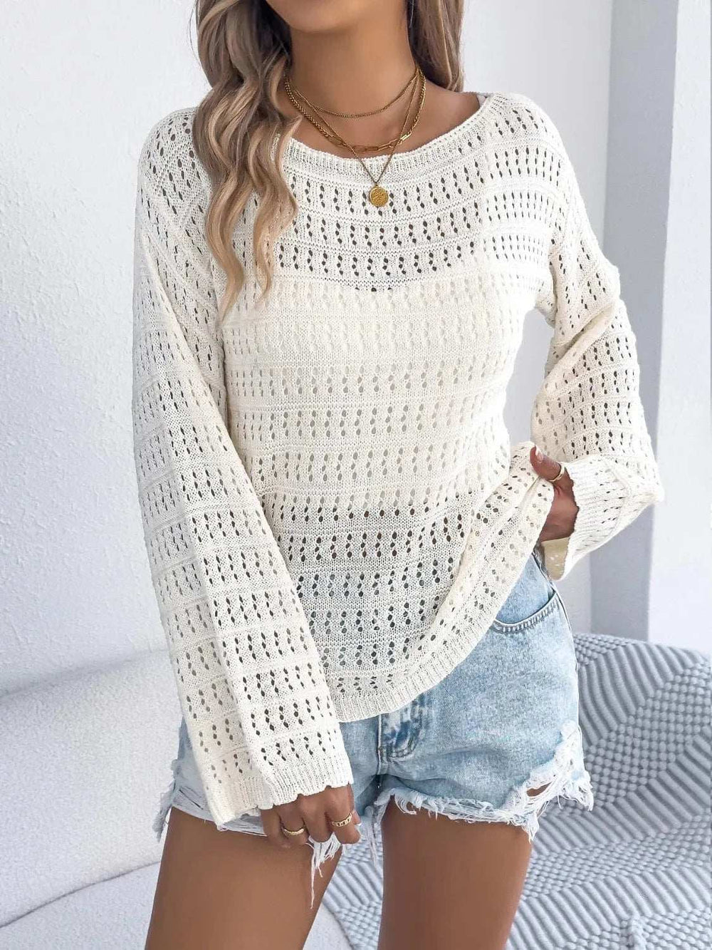 Openwork Boat Neck Long Sleeve Knit Cover Up - Trendsi - Flyclothing LLC