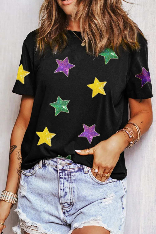 Sequin Stars Patched Round Neck T-Shirt - Trendsi - Flyclothing LLC
