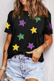 Sequin Stars Patched Round Neck T-Shirt - Trendsi - Flyclothing LLC