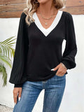 Contrast V-Neck Long Sleeve T-Shirt - Trendsi - Flyclothing LLC