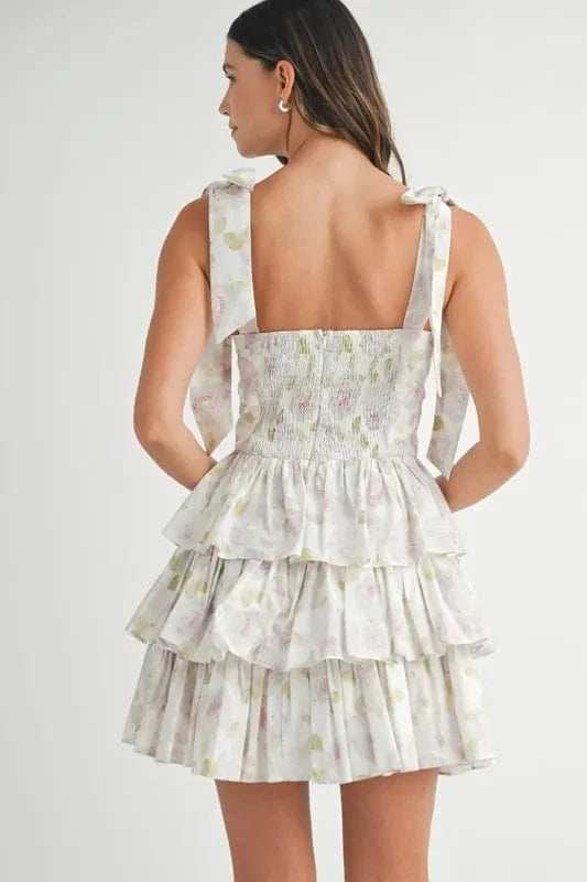 MABLE Floral Print Shoulder Tie Layered Mini Dress - Trendsi - Flyclothing LLC