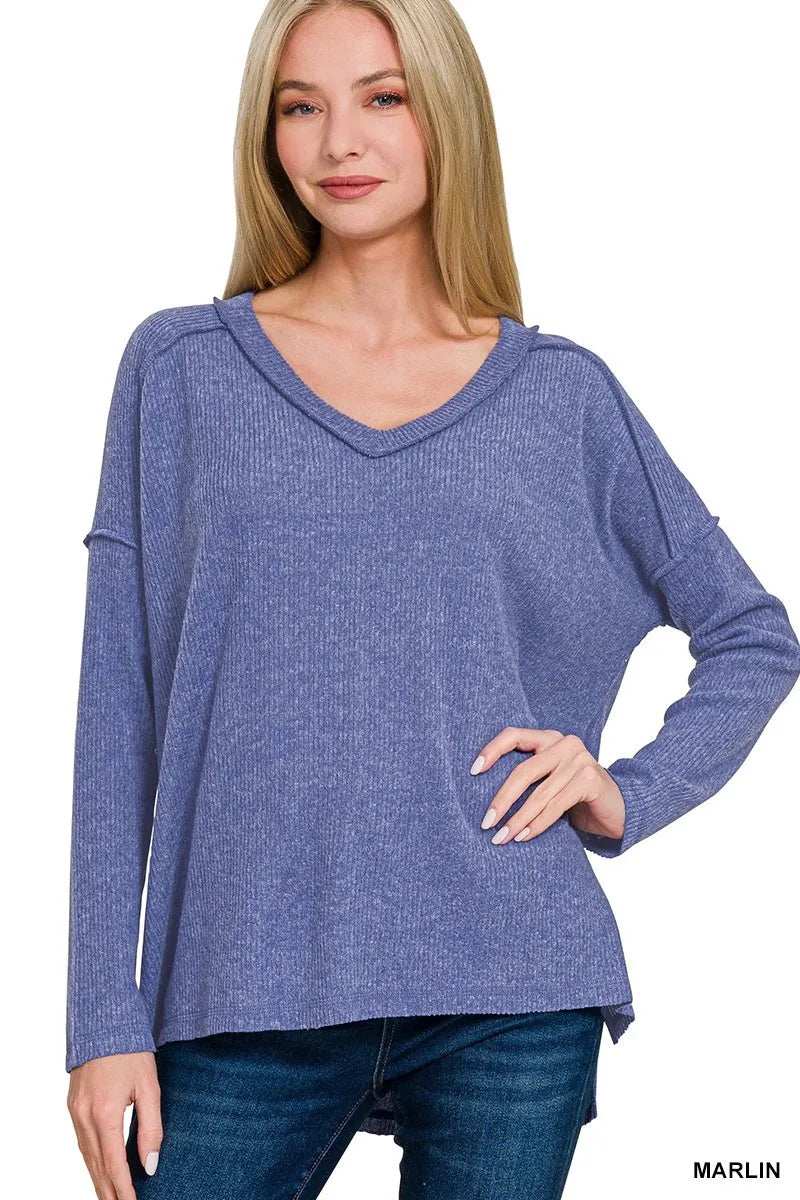Zenana Full Size Brushed Ribbed Hacci Drop Shoulder V-Neck Sweater Plus Size - Trendsi - Flyclothing LLC