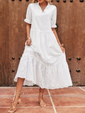 Eyelet Tie Neck Half Sleeve Midi Dress - Trendsi - Flyclothing LLC