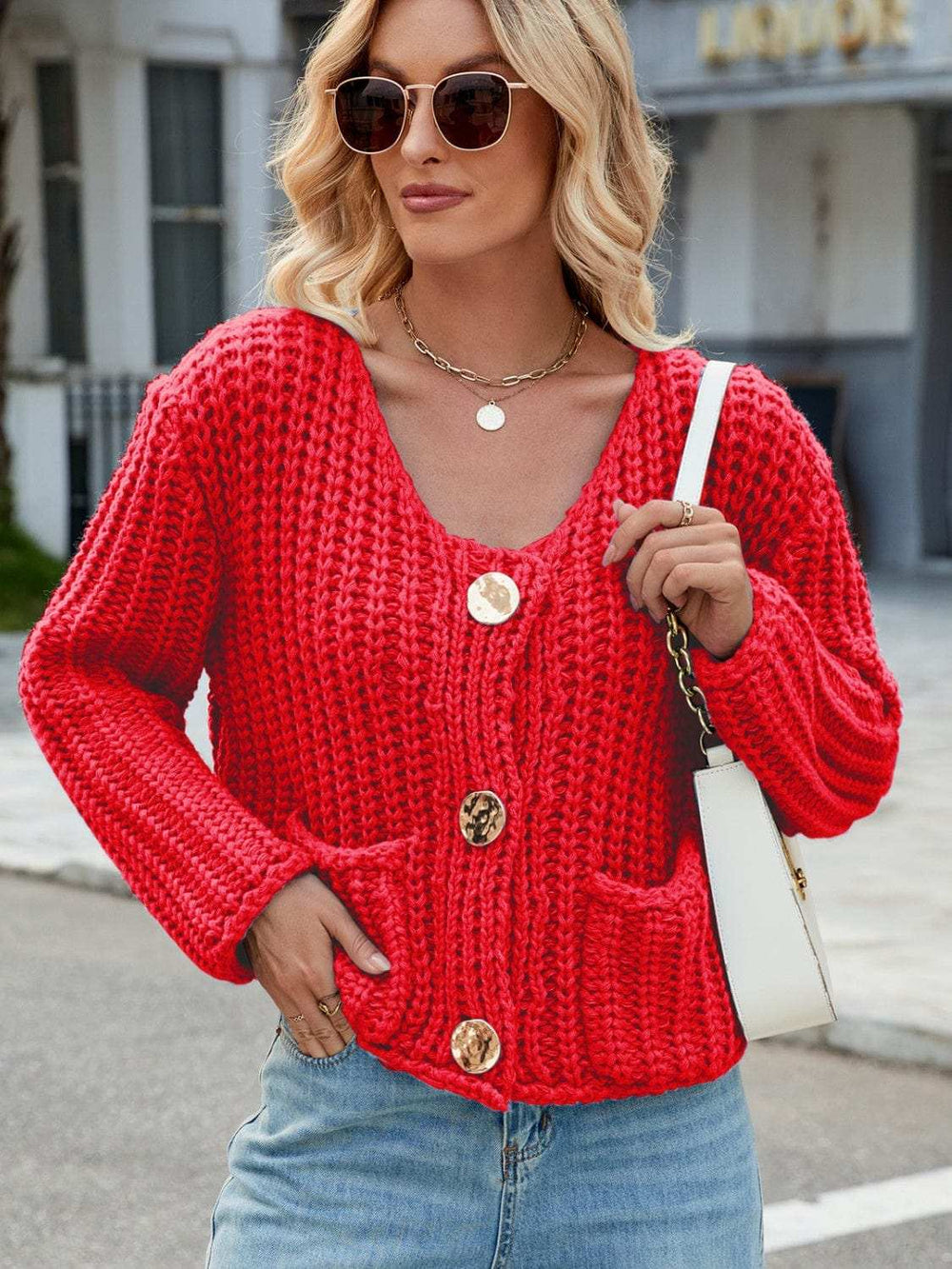 Round Neck Button Up Cardigan with Pockets - Trendsi - Flyclothing LLC