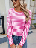 Striped Contrast Round Neck Long Sleeve Sweater - Trendsi - Flyclothing LLC