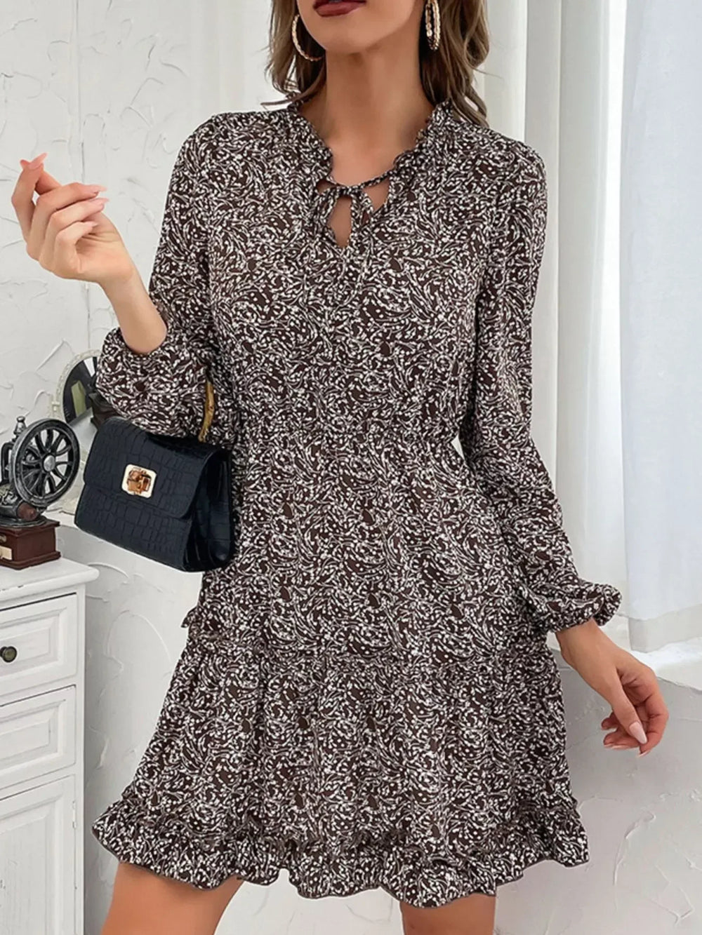 Ruffle Hem Tie Neck Mini Dress - Trendsi - Flyclothing LLC