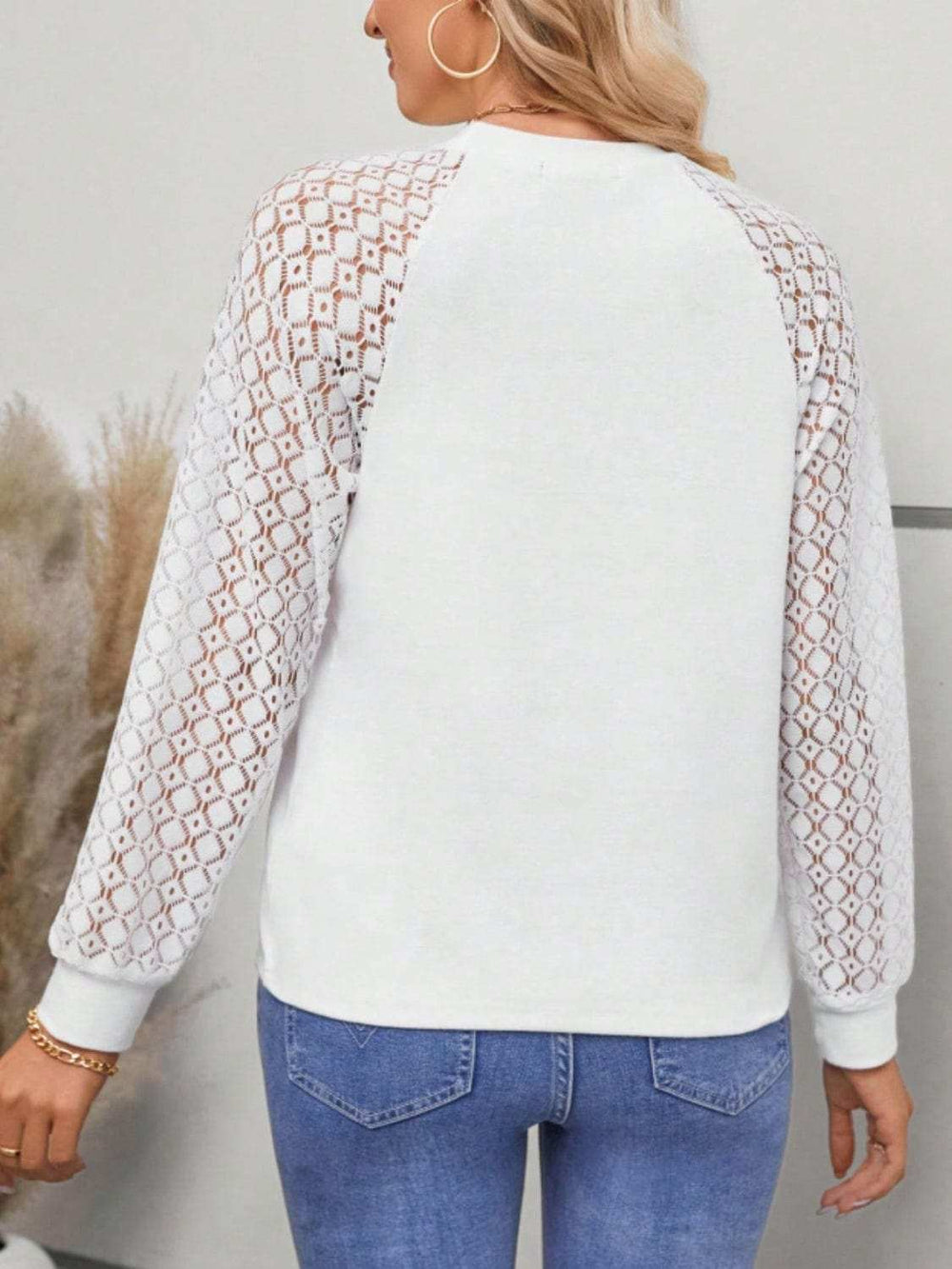 Round Neck Lace Raglan Sleeve Top - Trendsi - Flyclothing LLC