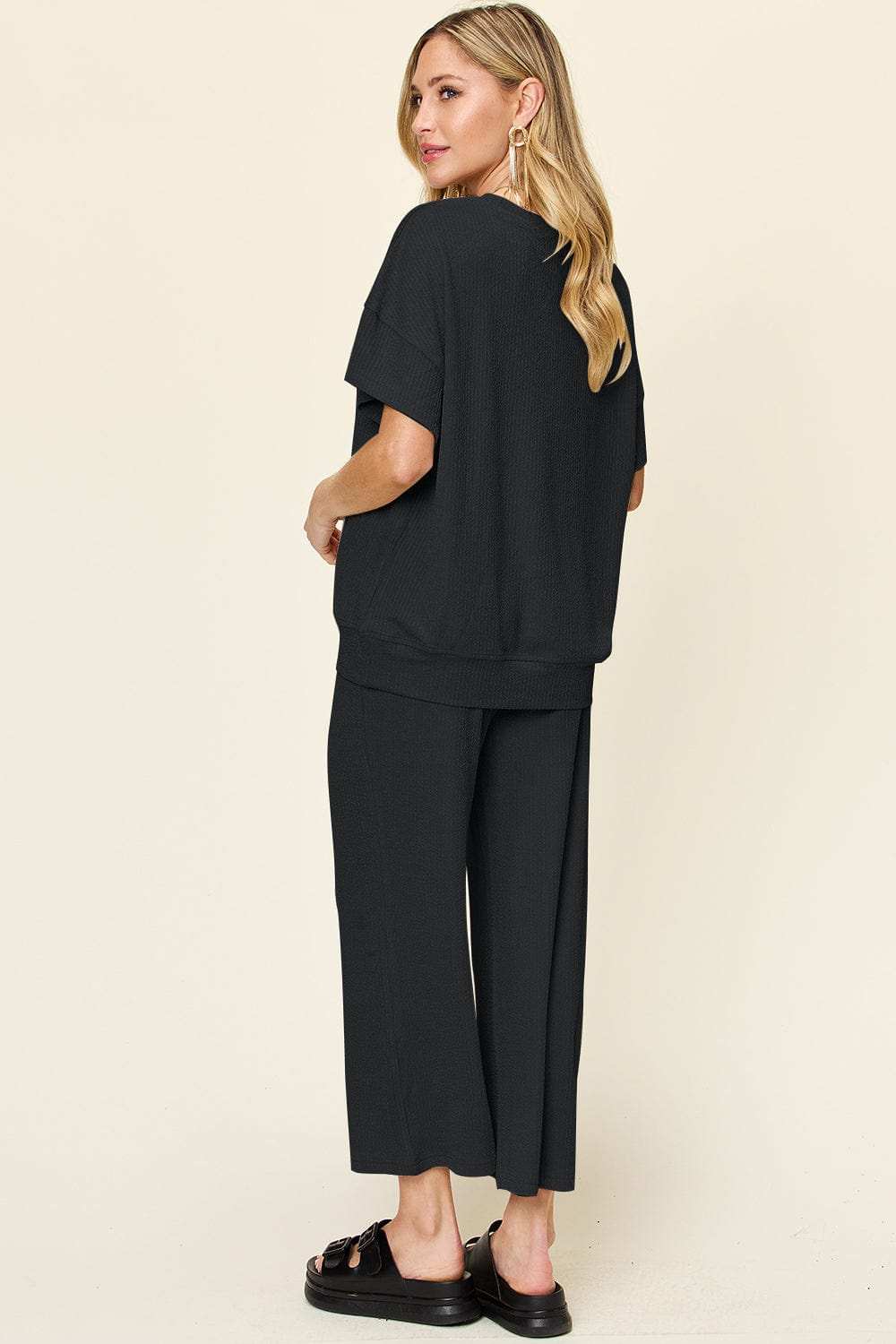 Double Take Full Size Texture Round Neck Short Sleeve T-Shirt and Wide Leg Pants - Trendsi - Flyclothing LLC