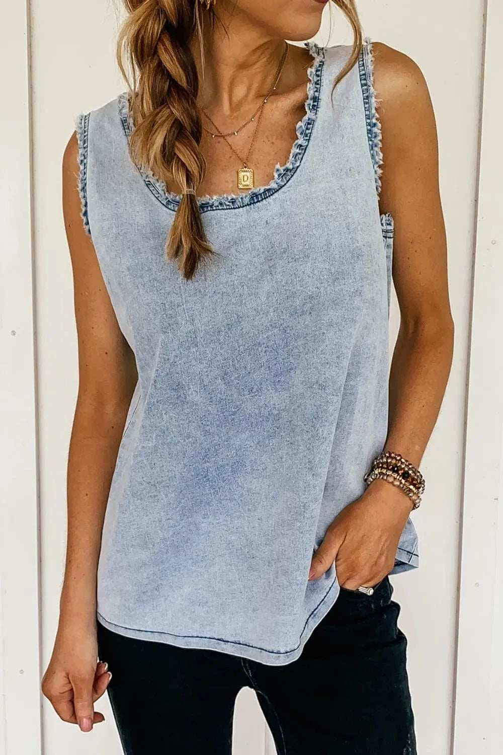 Mineral Wash Denim Frayed U Neck Sleeveless Top - Trendsi - Flyclothing LLC