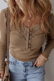 Eyelet V-Neck Long Sleeve Top - Trendsi - Flyclothing LLC