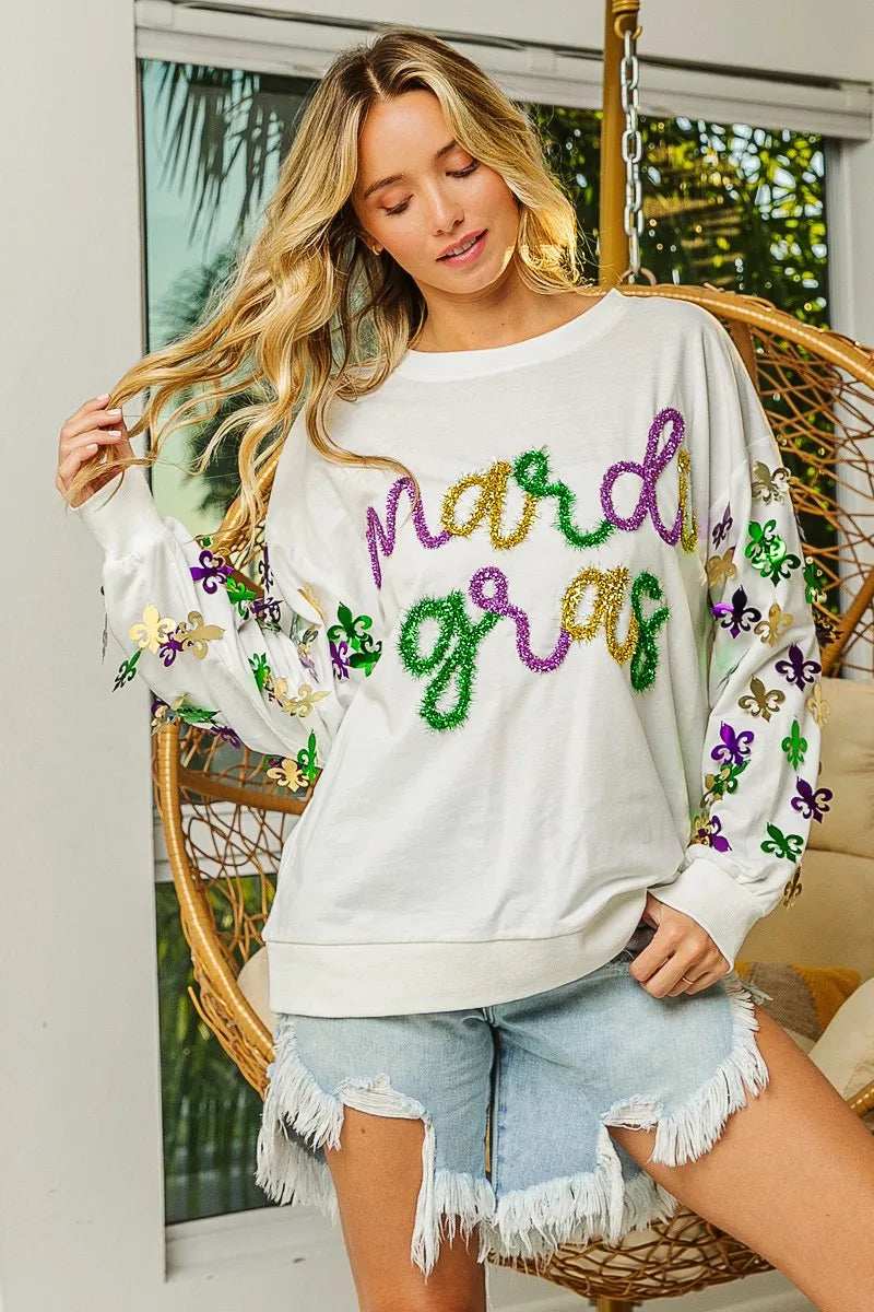 BiBi Fleur De Lis Sleeve Mardi Gras Pullover - Trendsi - Flyclothing LLC