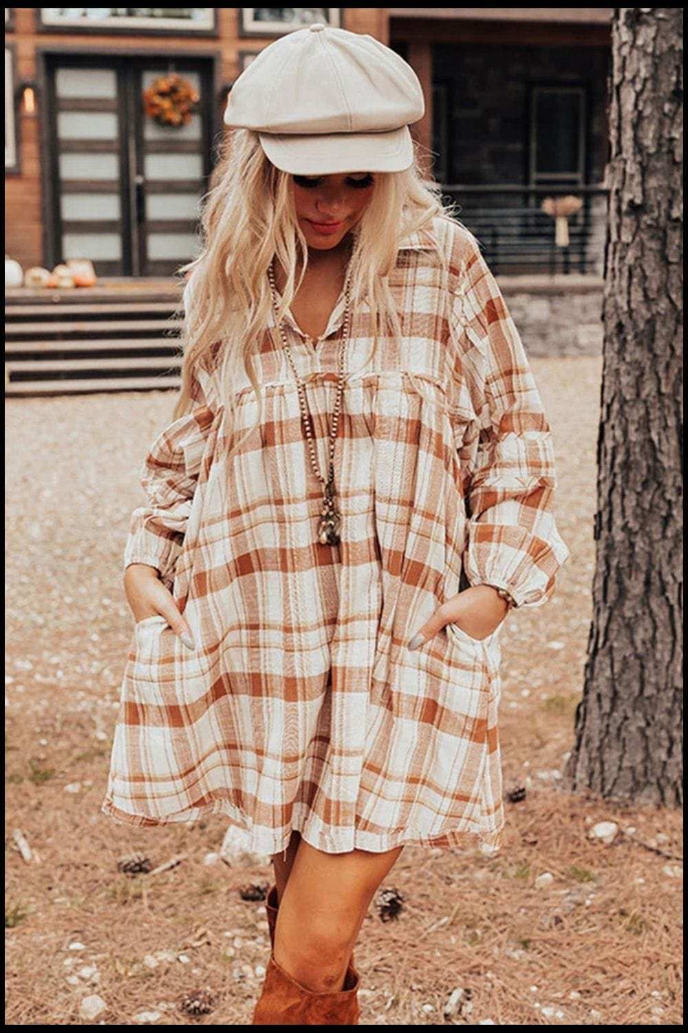 Plaid Collared Neck Long Sleeve Mini Shirt Dress - Trendsi - Flyclothing LLC