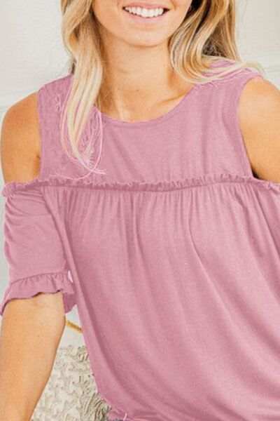 Heimish Full Size Frill Round Neck Cold Shoulder T-Shirt Plus Size - Trendsi - Flyclothing LLC