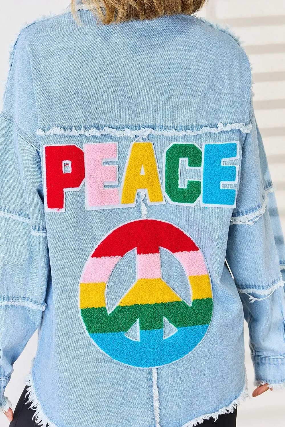 PEACE Raw Hem Dropped Shoulder Denim Top - Trendsi - Flyclothing LLC