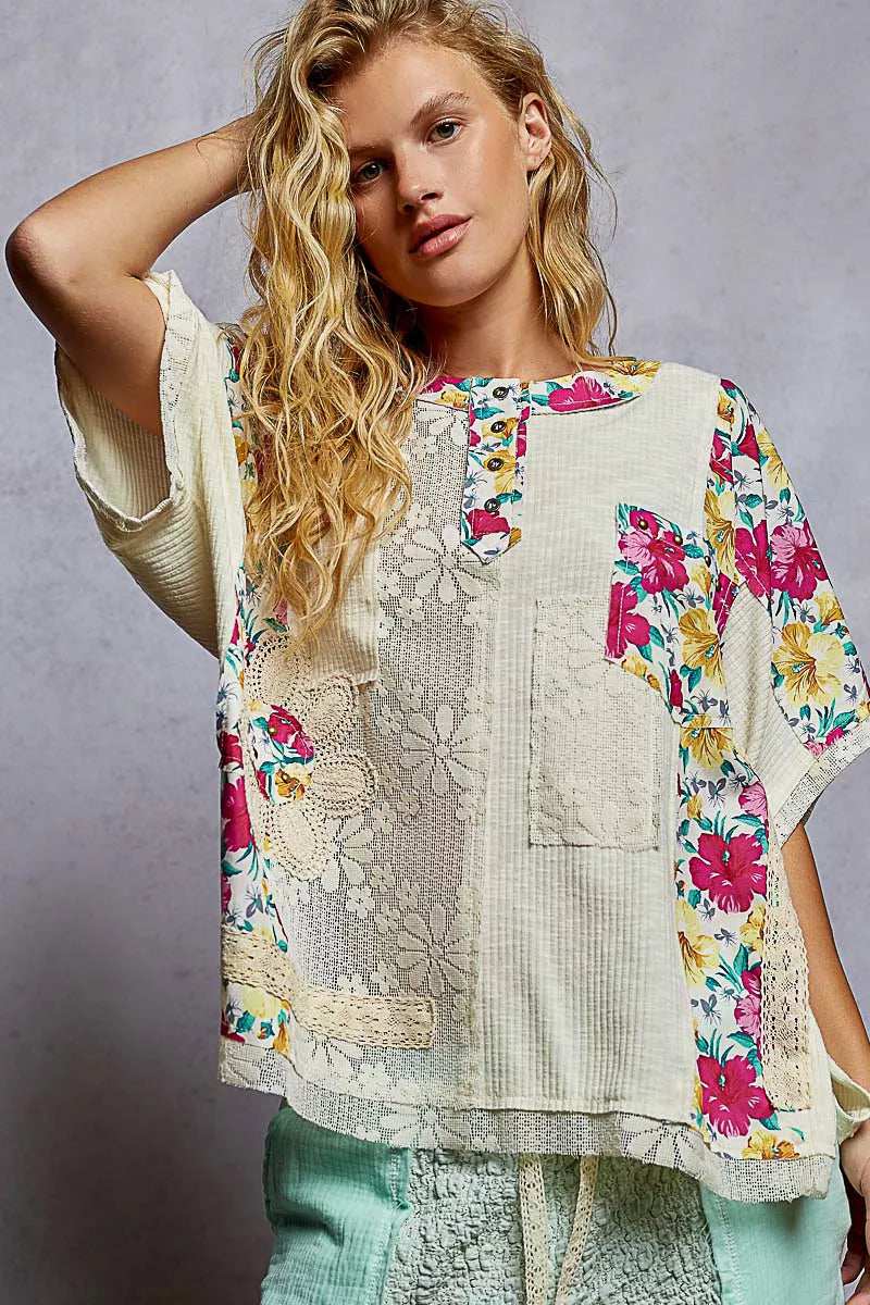 POL Lace Round Neck Short Sleeve Floral Pattern Top with Patch Detail - Trendsi - Flyclothing LLC