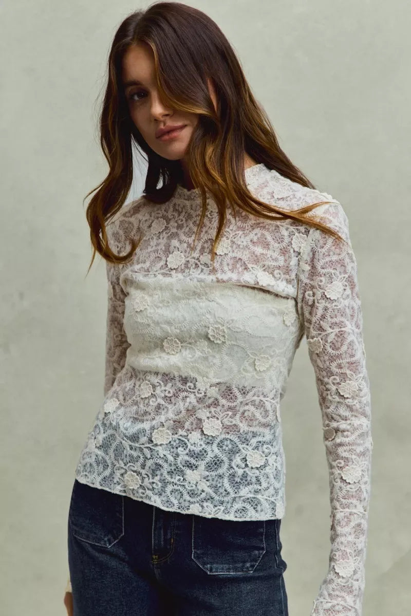 SO ME Lace Long Sleeve 3d Effect Floral Layering Top - Trendsi - Flyclothing LLC