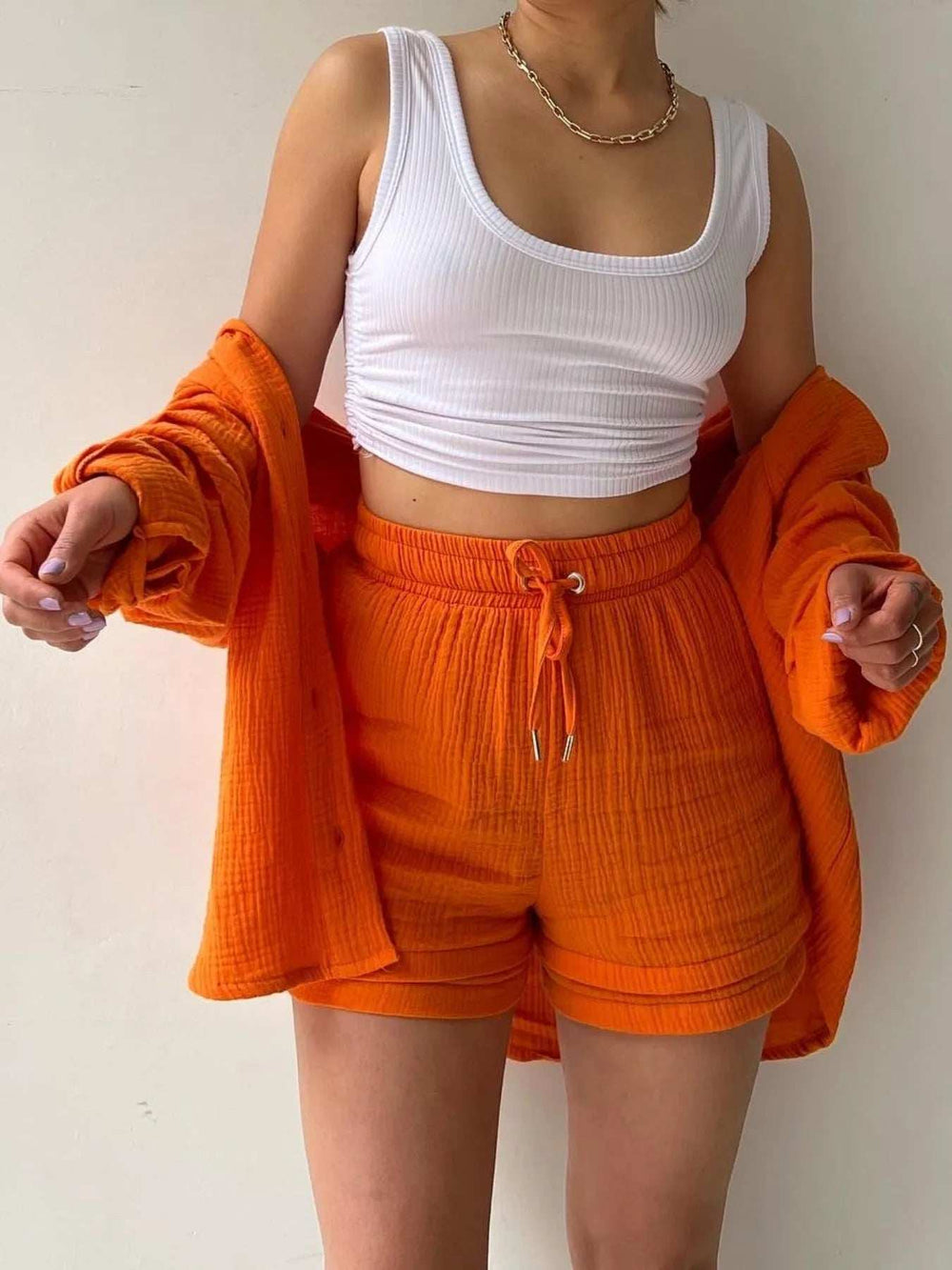 Textured Button Up Shirt and Shorts Set - Trendsi - Flyclothing LLC