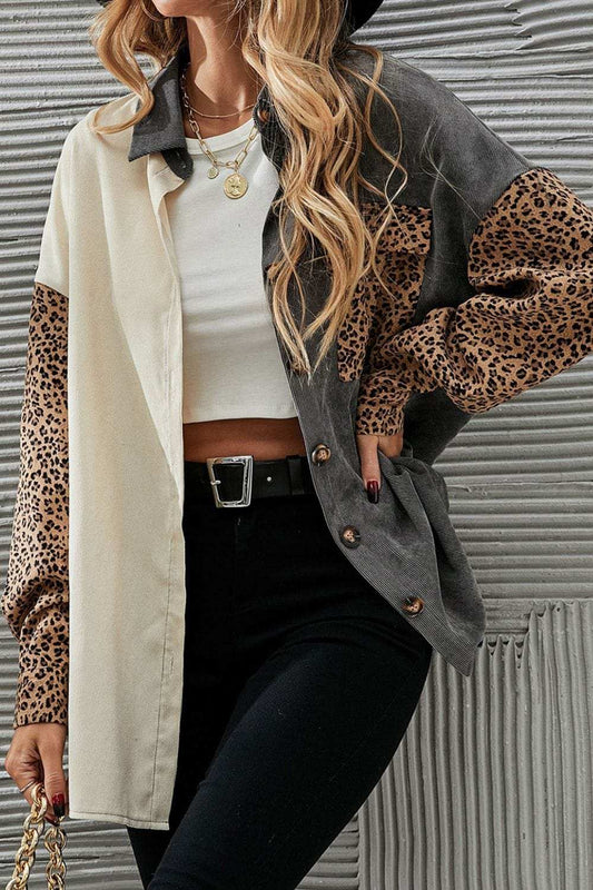 Leopard Button Up Drop Shoulder Jacket - Trendsi - Flyclothing LLC